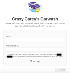 A screenshot of an example webform with TextSanity, for the fictional business, "Crasy Carey's Carwash".