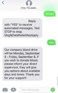 A screenshot of a keyword campaign that’s focused on updating employees about an upcoming company blood drive.