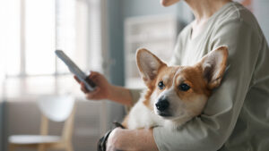 A person is sitting with their dog in their lap checking their sms messages on their phone. 