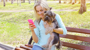 A woman sitting on a park bench holding her dog on her phone receiving a delivery text from her veterinarian.